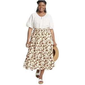 Universal Thread Floral Tiered Midi Skirt, Burnt Orange & Cream, Plus Size 4XL
